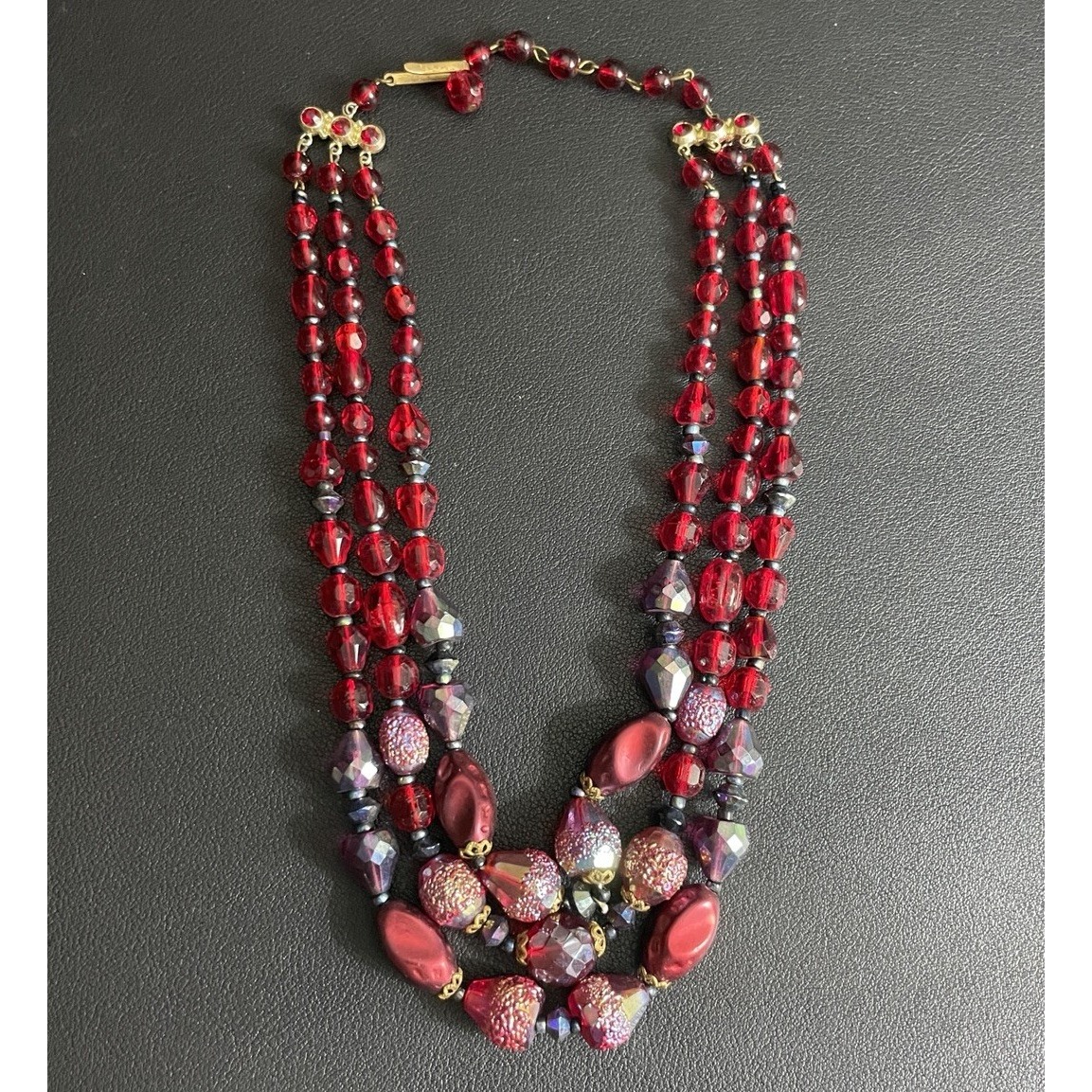 West Germany Strand Necklace Glass Bead Ab 3 Strand Vintage Red Gold Tone Jewelr